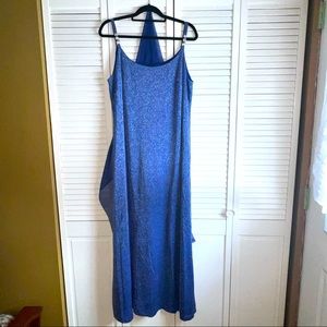 Alex Evenings plus size blue sparkly prom dress with sheer wrap.